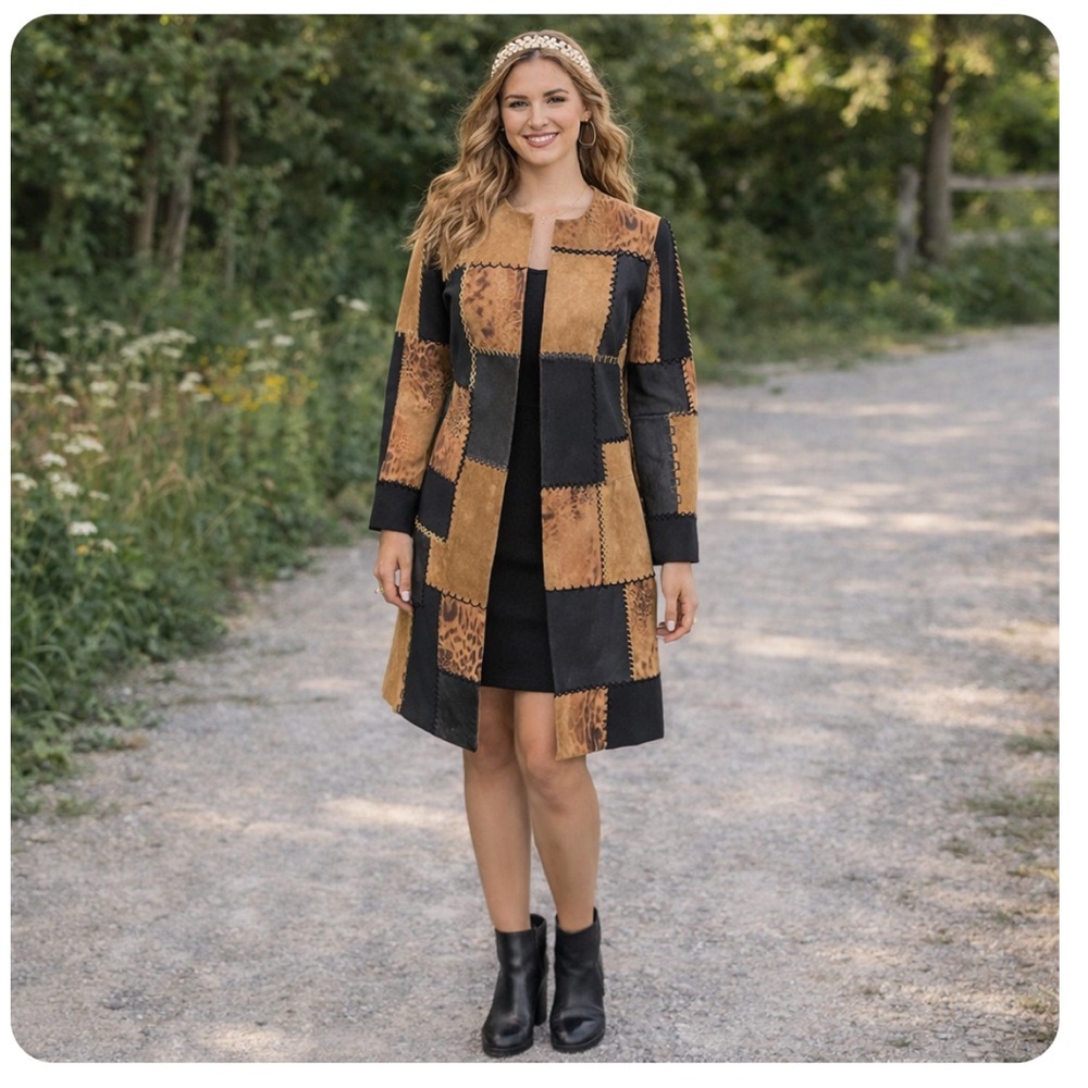 Suede Leather Patchwork Duster Jacket Coat - Picture 2 of 16